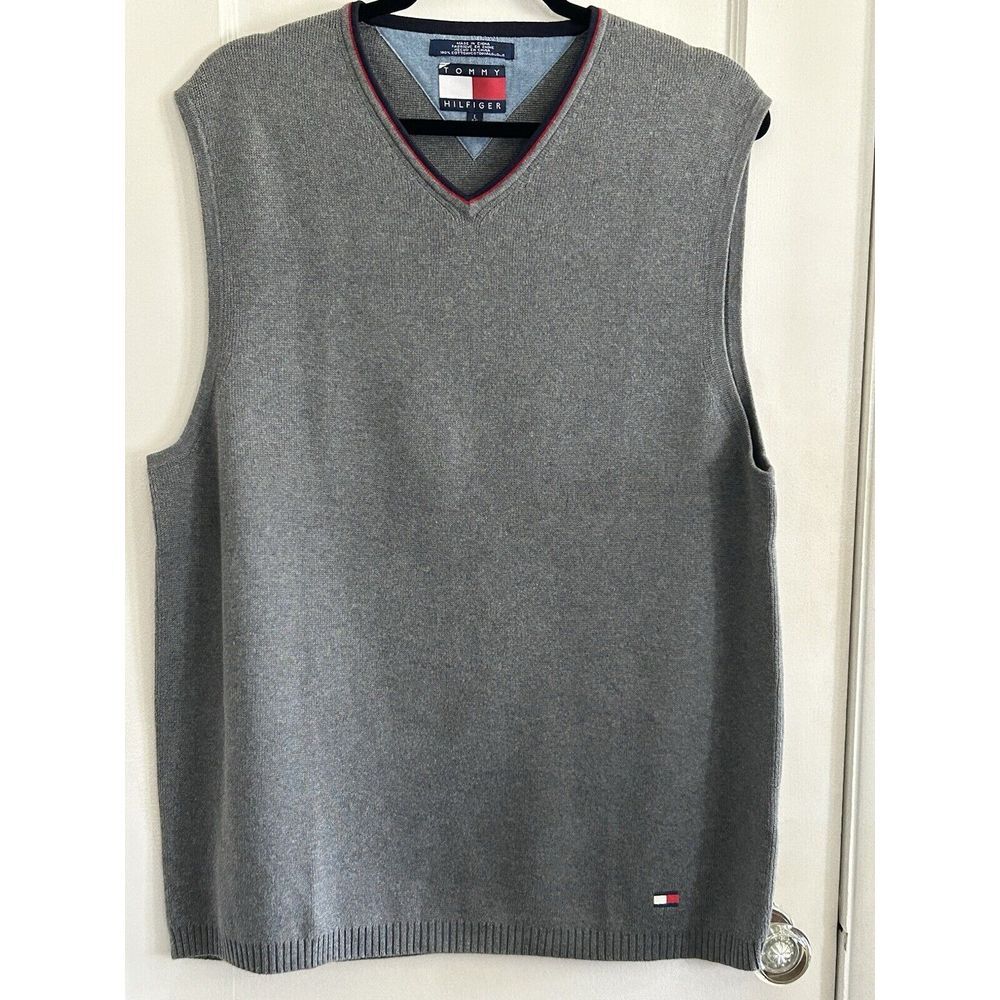 Tommy Hilfiger Y2K Men's Size Large Sweater Vest V Neck Grey Preppy Academia
